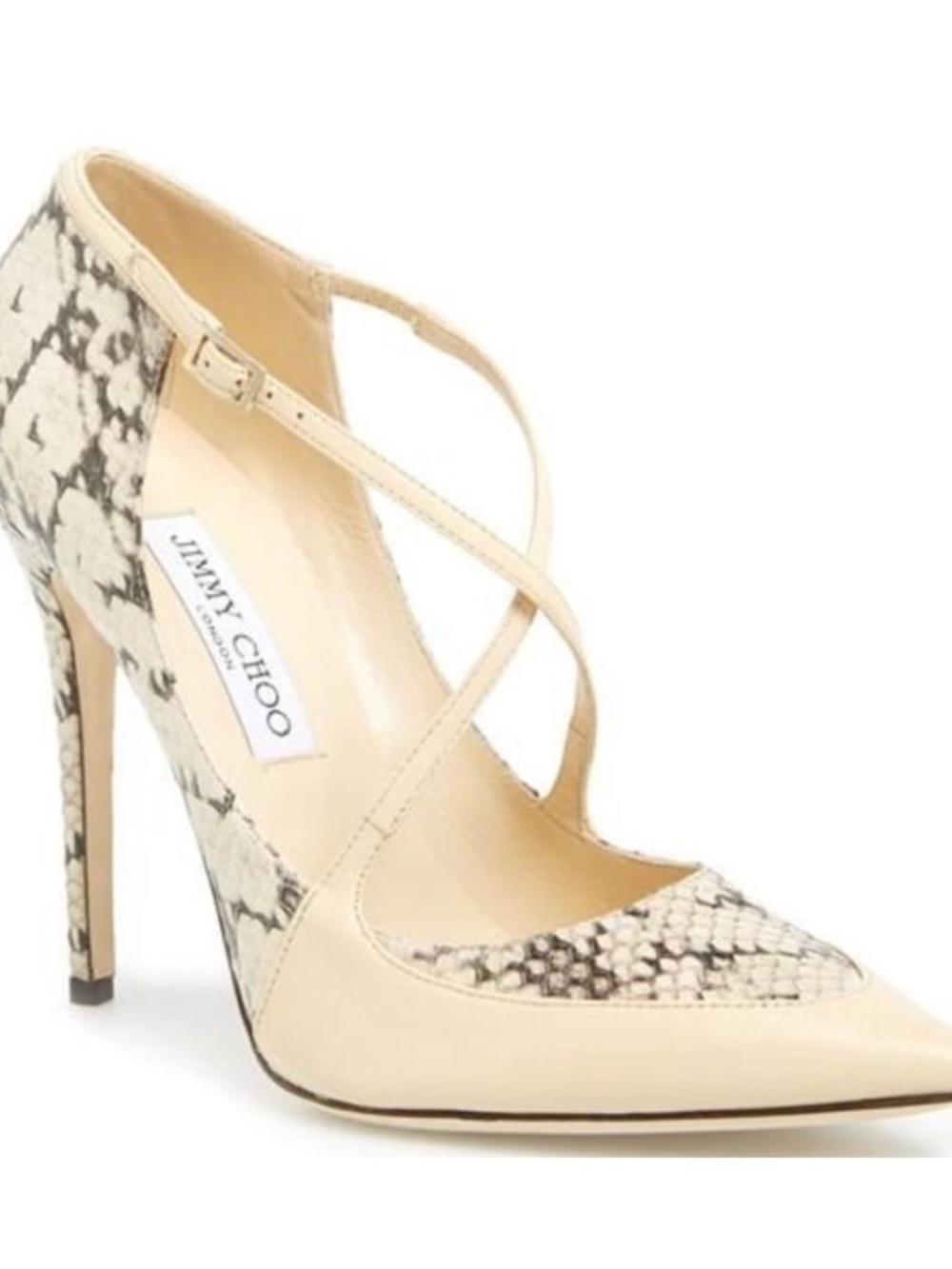 Jimmy Choo Maverick Pumps, Beige Snake-Print Crisscross Pointed Toe Pump